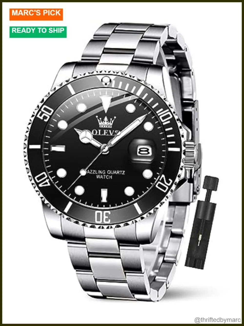 Stainless Steel Waterproof Analog Quartz Watch with Luminous Hands